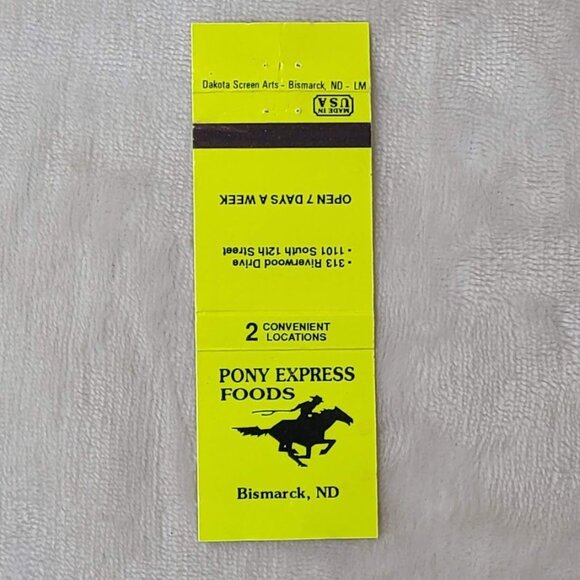 Vintage Matchbook Cover Pony Express Foods Bismarck ND North Dakota Neon Yellow - Picture 3 of 4